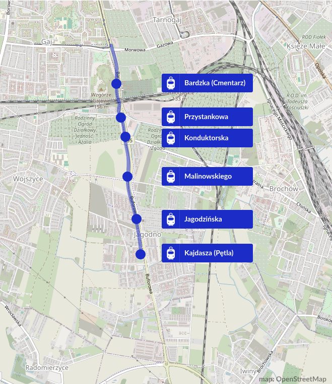 Mapa jest ilustracją przybliżoną przebiegu nowego torowiska na Jagodno z lista przystanku